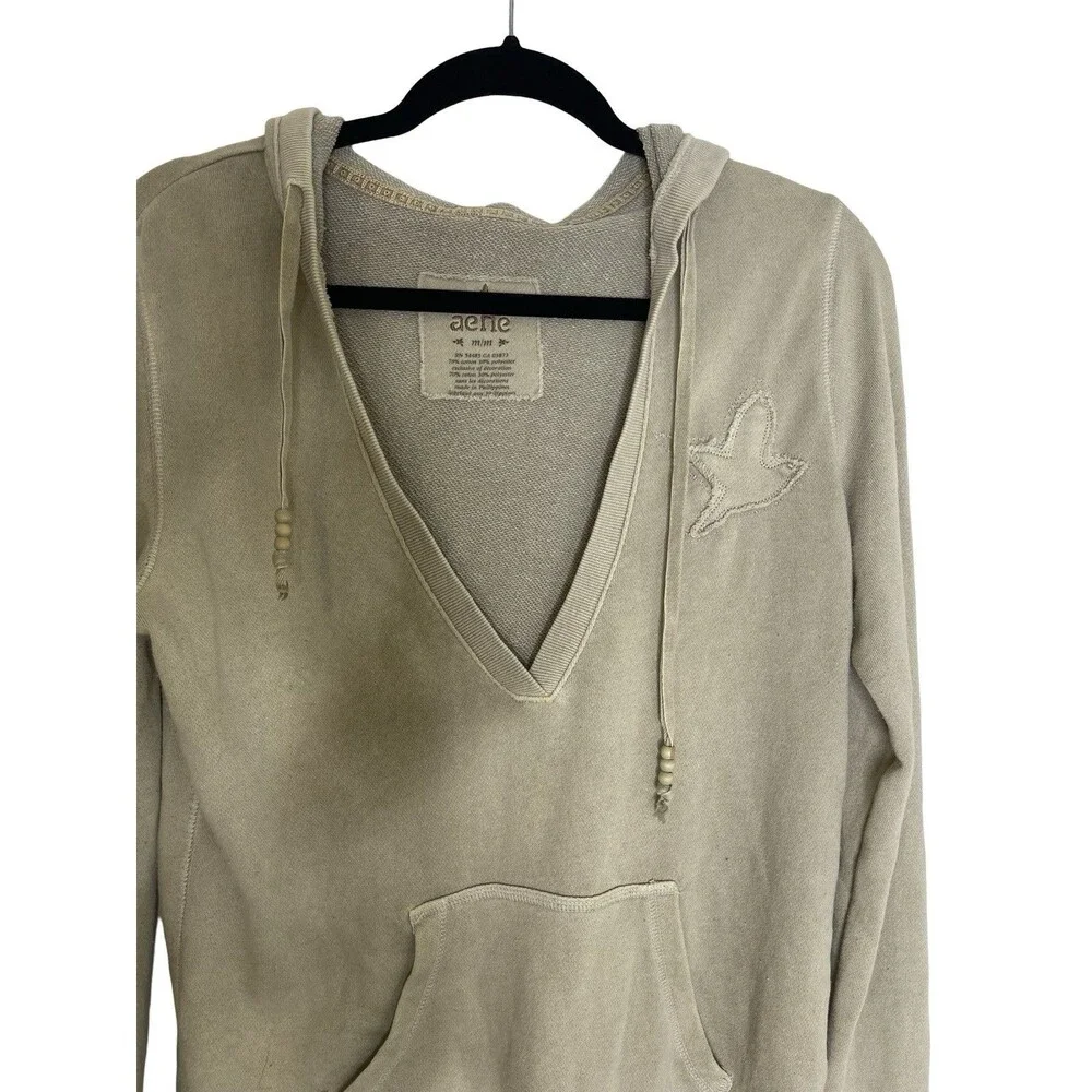 Aerie Hoodie Women size Medium Beige tan V Neck Hoodie Sweatshirt - Picture 3 of 7